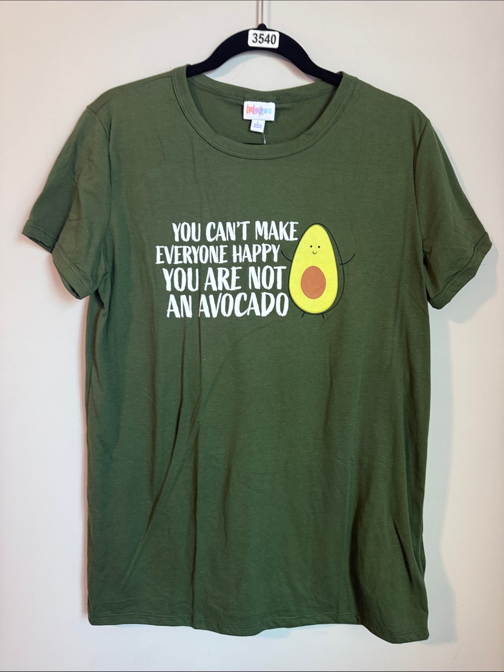 LuLaRoe Olive Green Avocado Graphic Tee with White Text